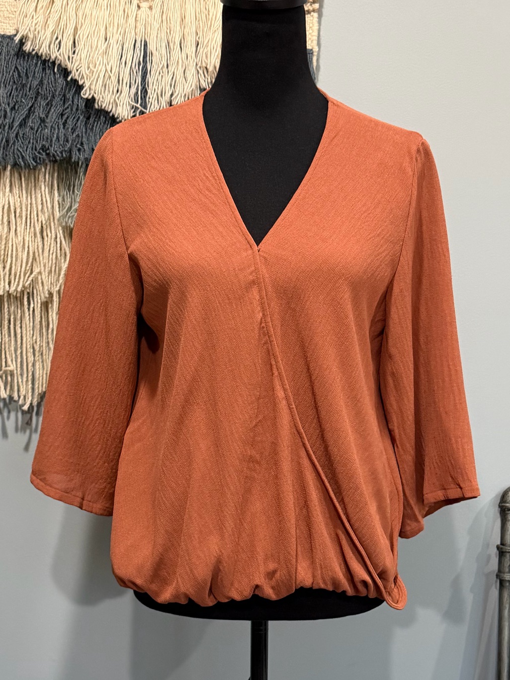 Mi Ami Rust Surplice Wrap Blouse Medium Textured Bubble Hem Boho Cottagecore Top